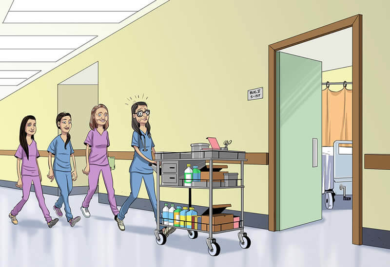 We see a trainee, with a stethoscope, pushing a small cart with medical equipment (bandage, syringe, bottle of sterile water), walking toward the door of hospital room. Two students and her supervisor are following her. We can notice that the trainee is very nervous, sweating profusely, anxious expression and shaking. 