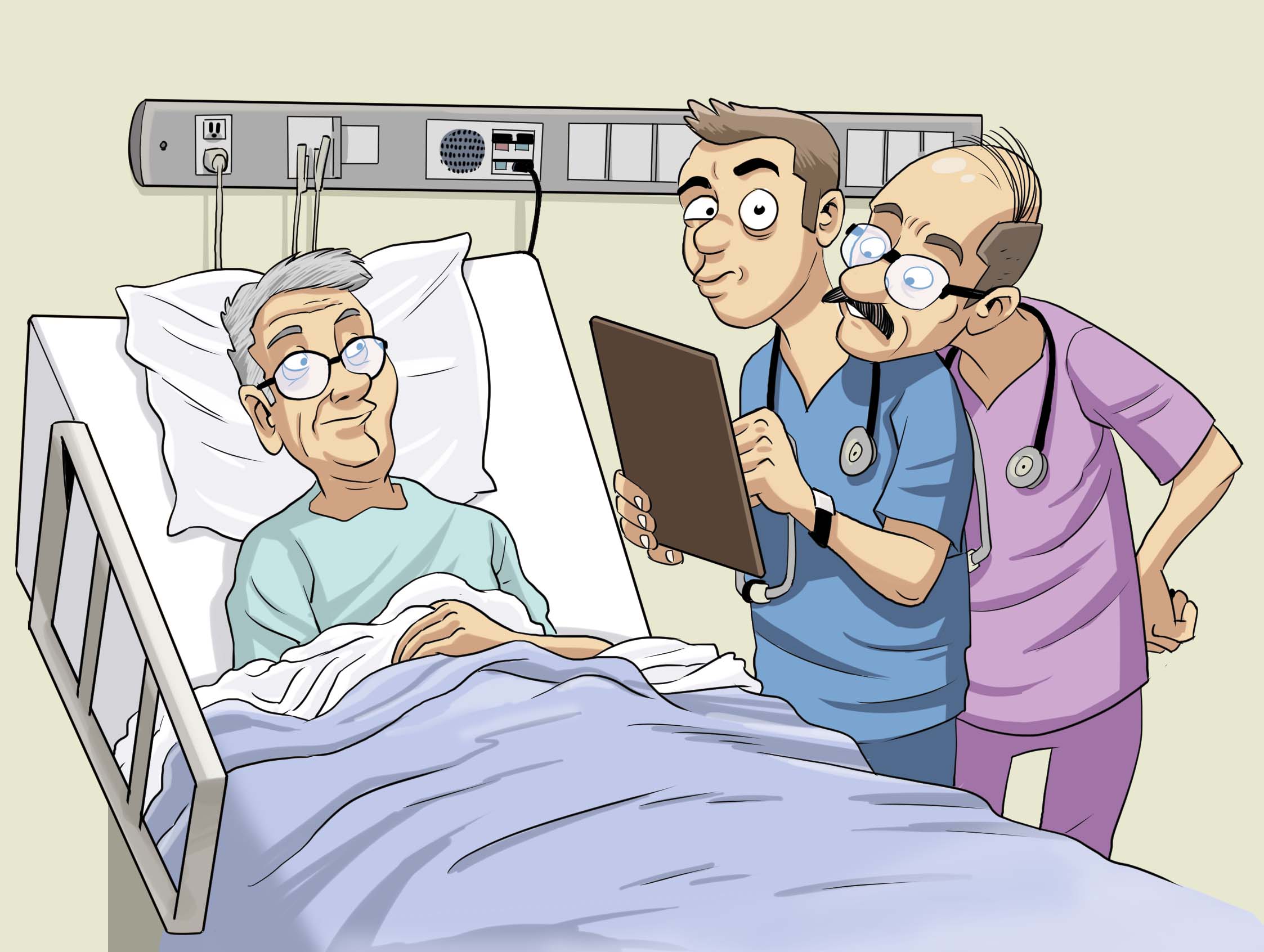 Une bande dessinée d’un stagiaire qui effectue une intervention avec un patient pendant que son superviseur l’observe par-dessus son épaule d’une manière exagérée.