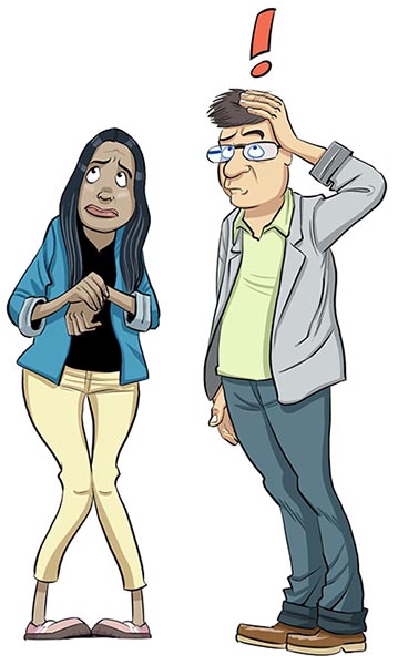 Image BD d'une stagiaire craintive devant son superviseur qui a un point d'exclamation au-dessus de sa tête