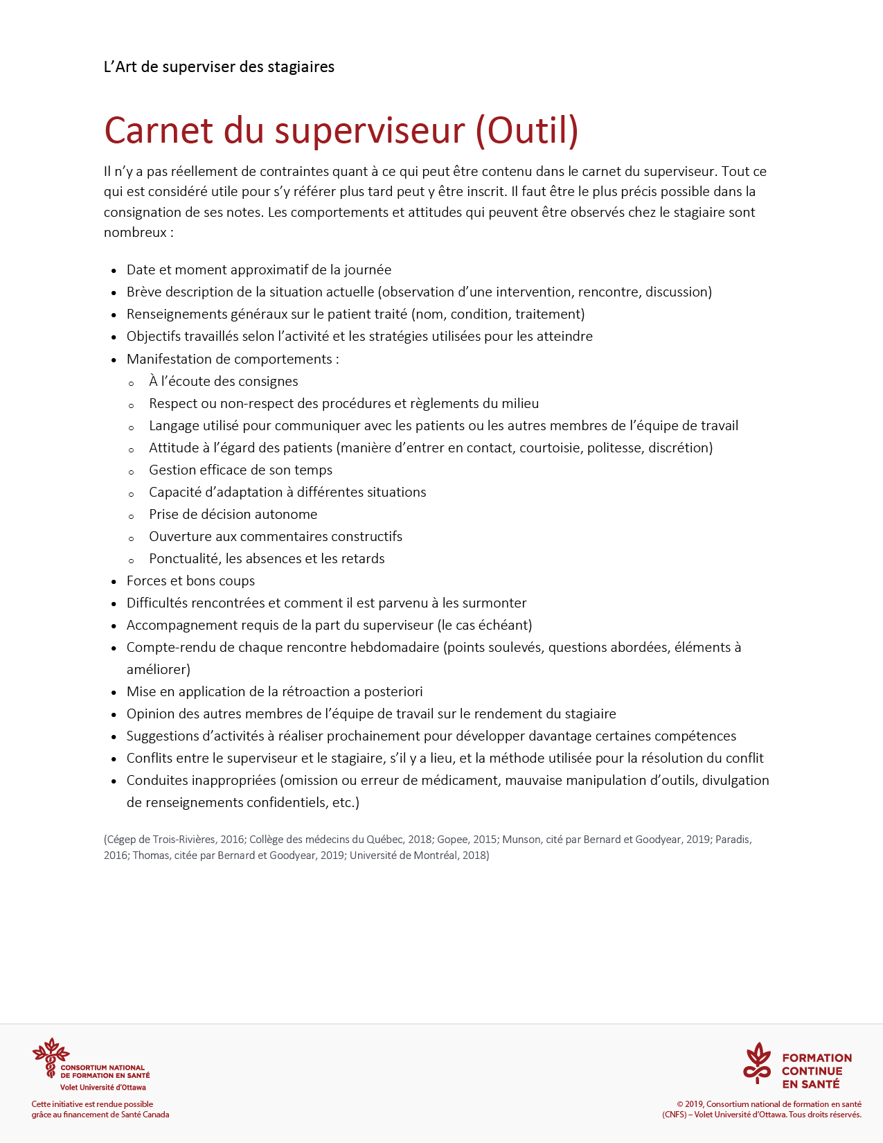 Carnet du superviseur Outil