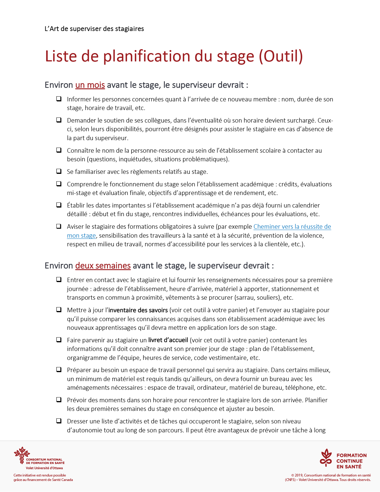 Liste de planification du stage Outil