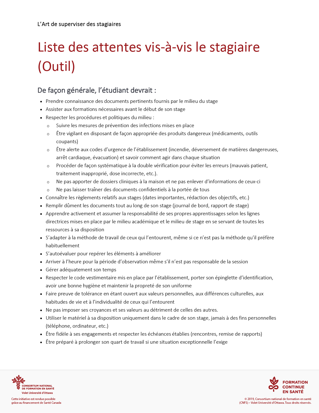 Liste des attentes vis a vis le stagiaire Outil