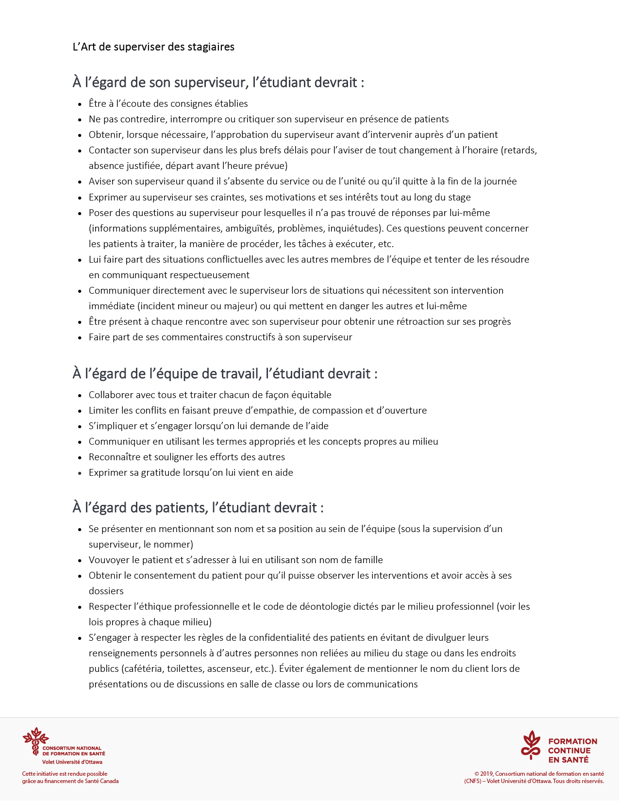 Liste des attentes vis a vis le stagiaire Outil