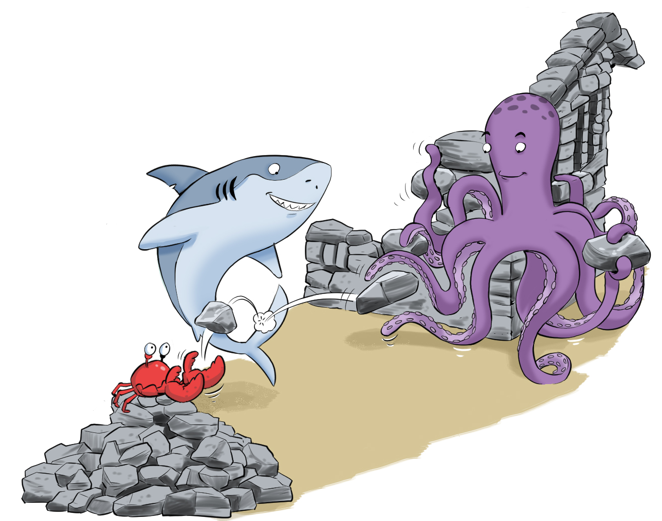 Un homard lance une pierre au requin qui la relance ensuite à la pieuvre pour construire en équipe un abri en pierres.