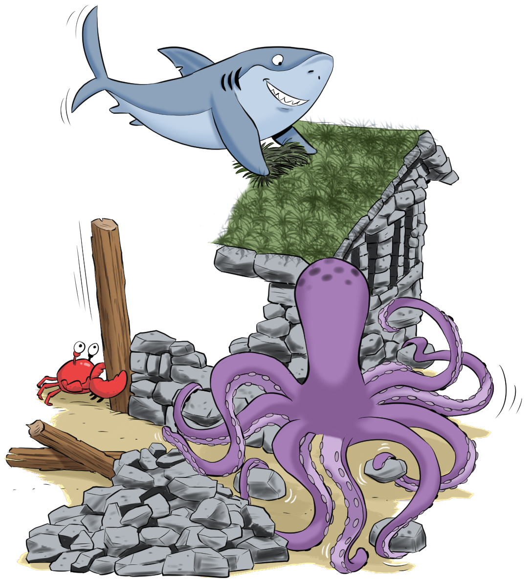 Une pieuvre travaille avec un requin et un homard pour construire un abri en pierres mais chacun effectue une tâche différente