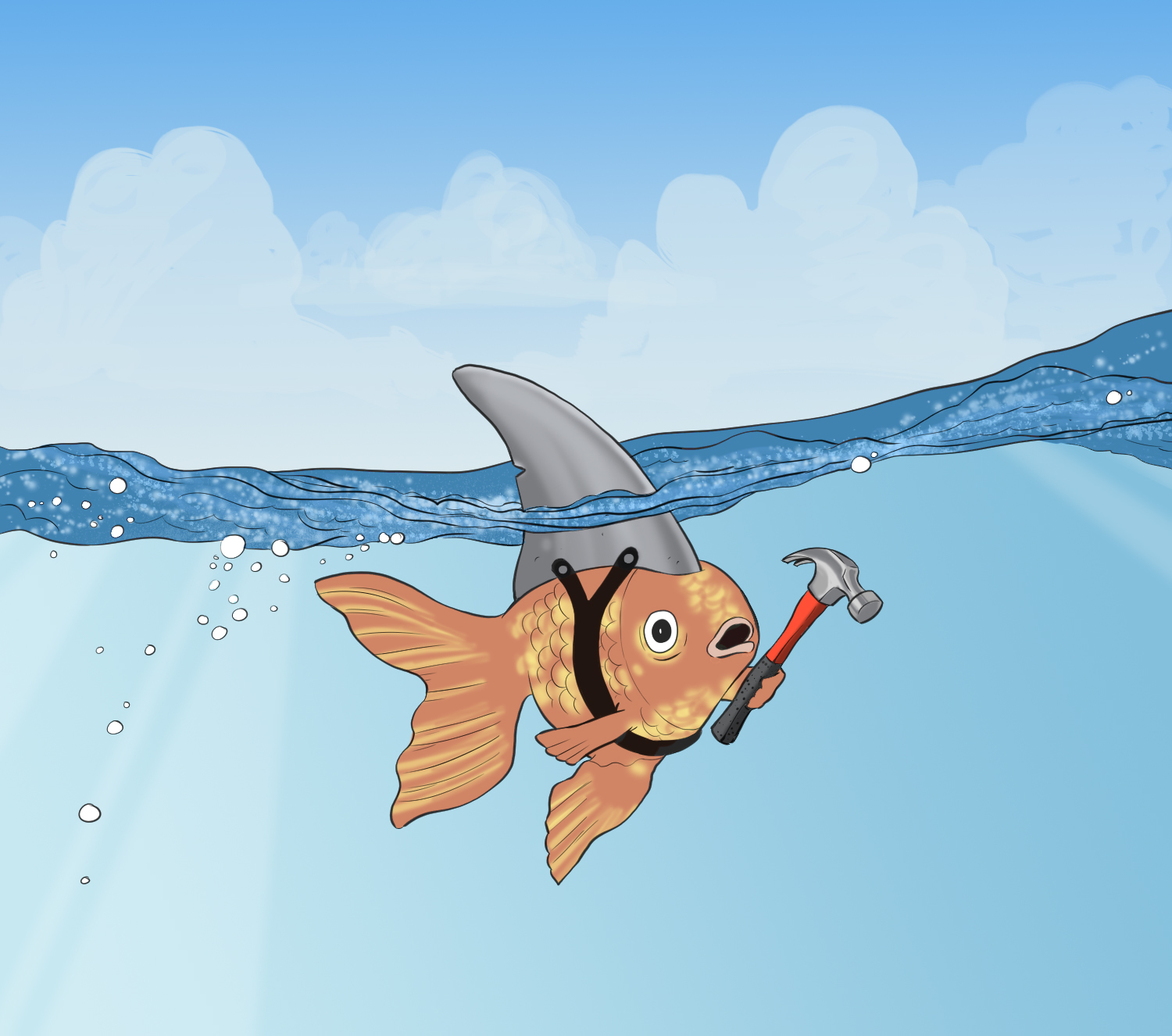Un poisson a un aileron de requin attaché sur son dos et un marteau dans sa nageoire