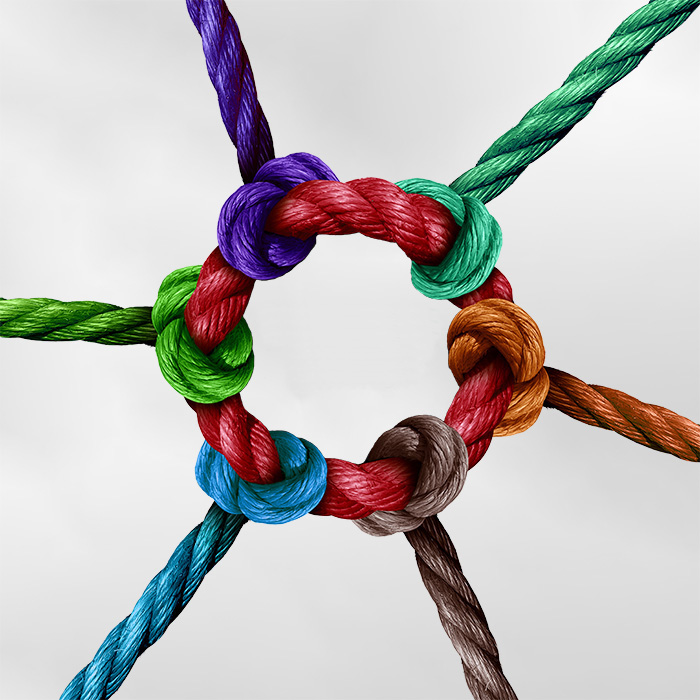 Plusieurs cordes nouées ensemble au centre partent dans des directions différentes