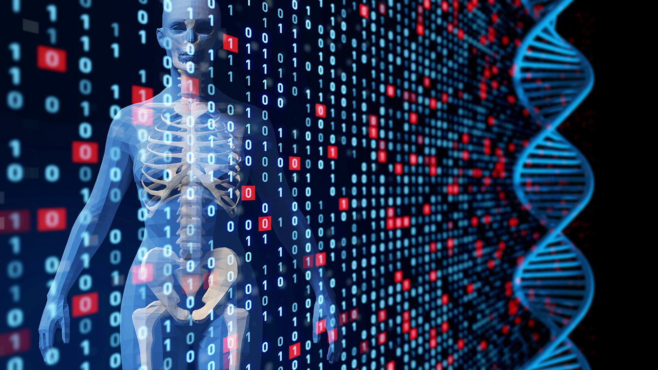 Une image d’un corps entouré de uns et de zéros avec la structure à double hélice de l’ADN  à côté