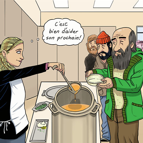 BD d’une dame qui sert la soupe dans un refuge