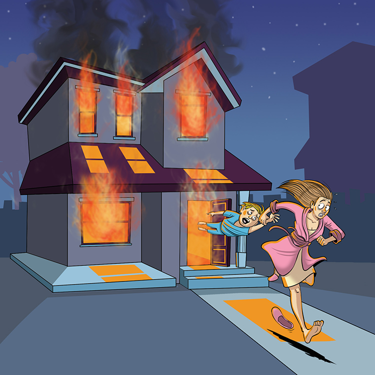 BD illustrant une dame qui sort d’une maison en feu en courant et en tenant son fils par le bras