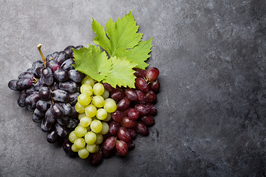 Trois grappes de raisins de couleurs différentes sont placées les unes à côté des autres