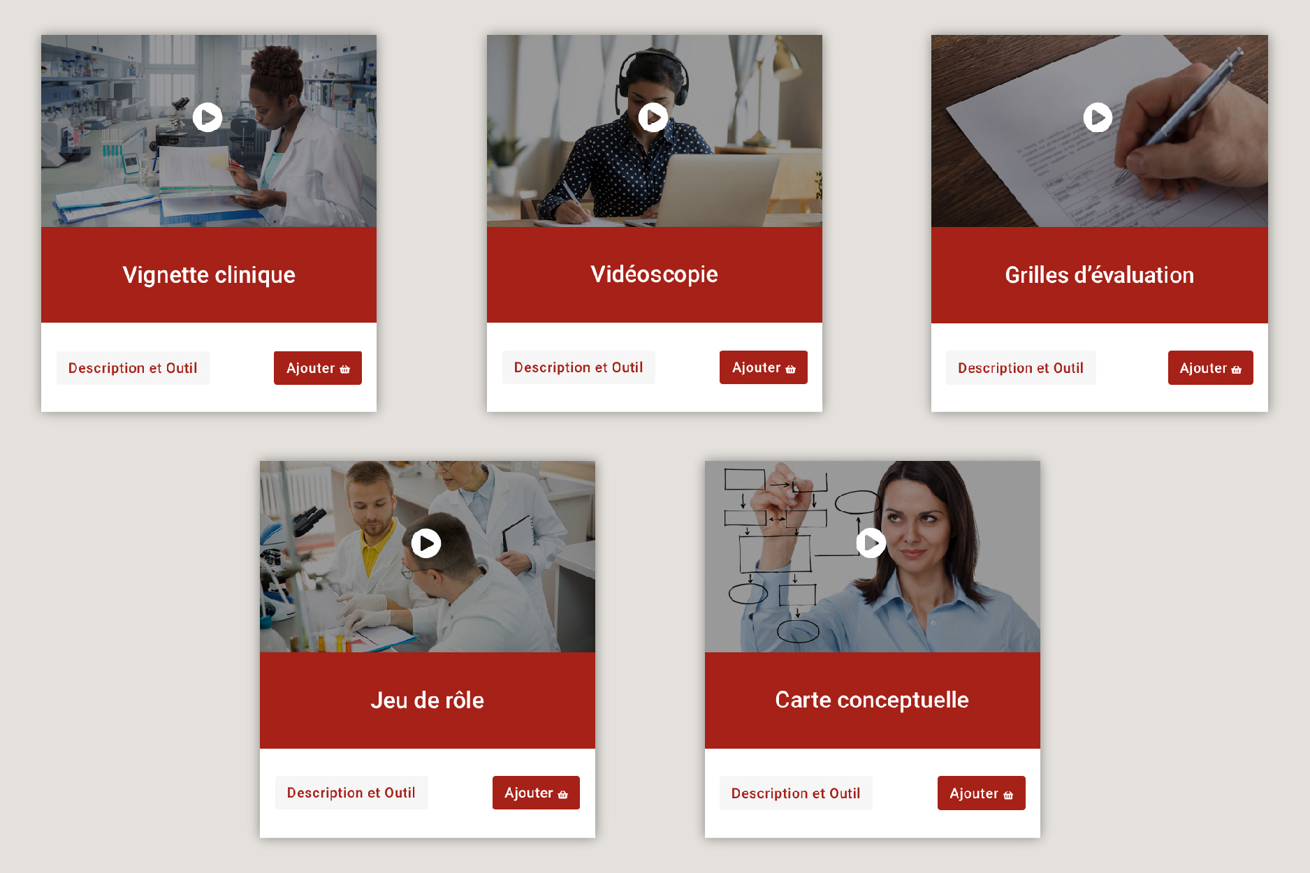 Un collage d’images de ces outils:Vidéoscopie; Jeux de rôle; Vignettes de cas; Carte conceptuelle; Grilles d’évaluation