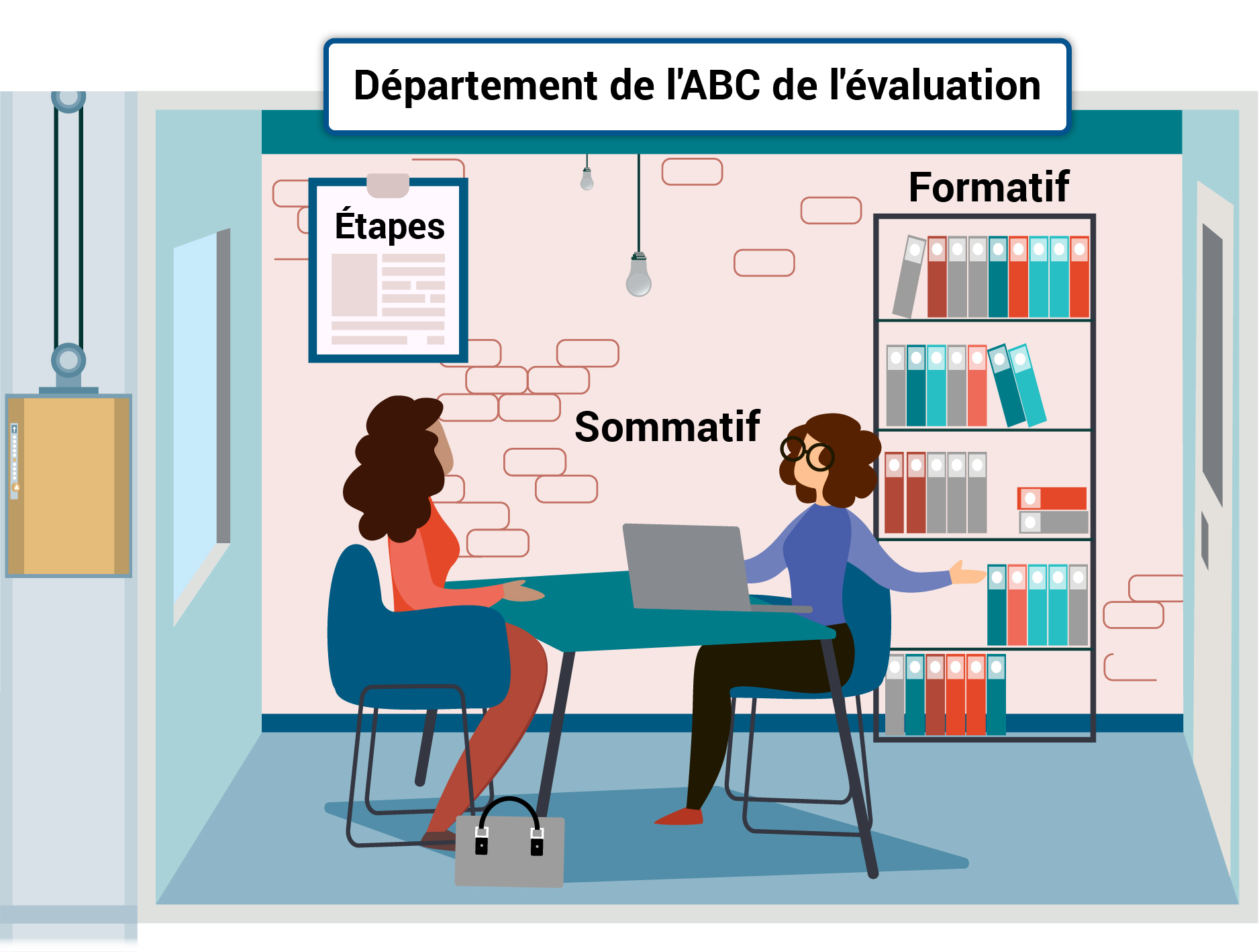 Une femme devant son ordinateur discute avec une autre femme assise devant elle