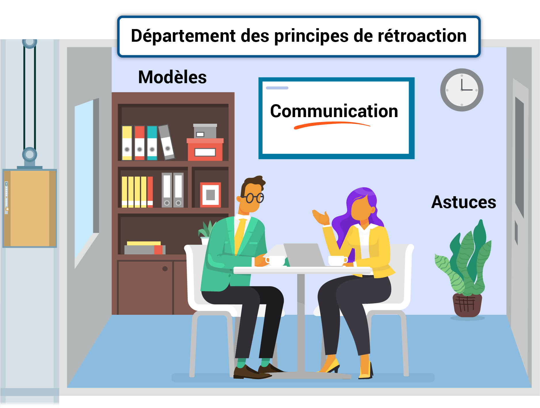 Une femme assise devant son ordinateur donne de la rétroaction à un homme