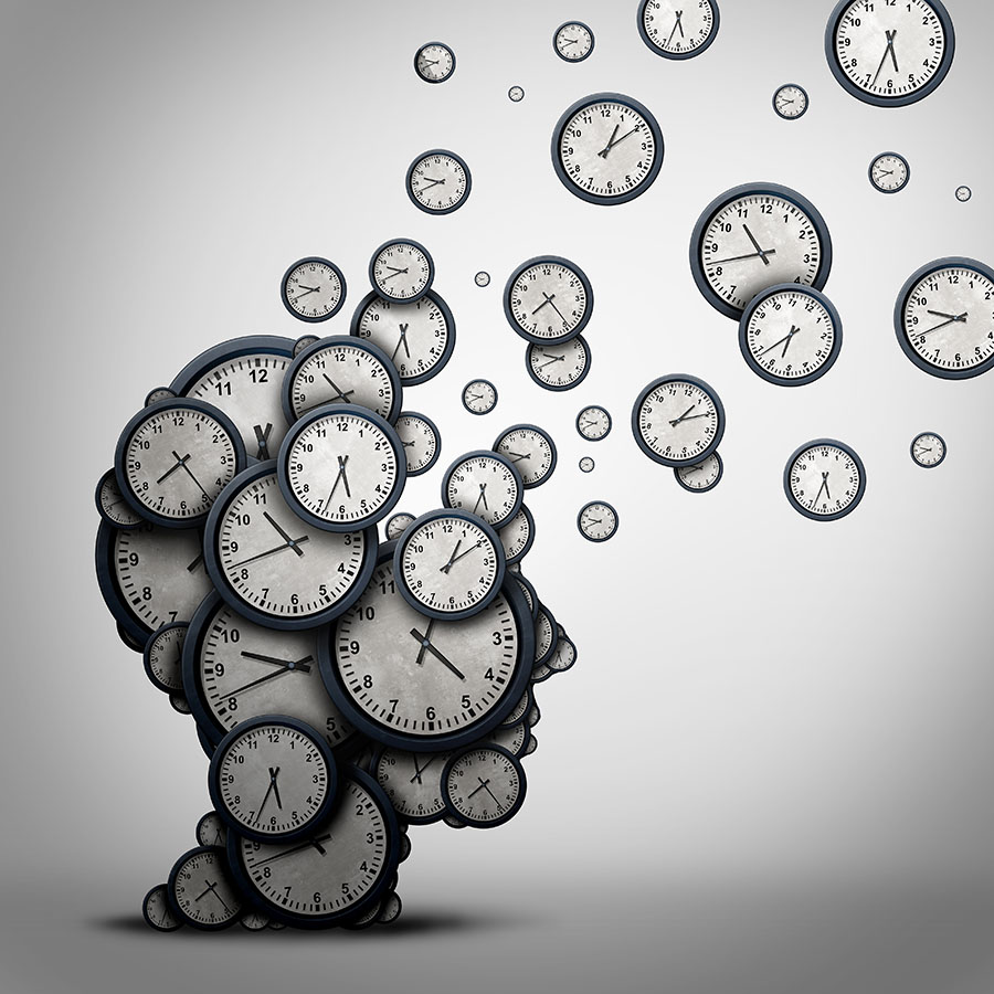 Un profil de tête est composé de plusieurs horloges superposées.