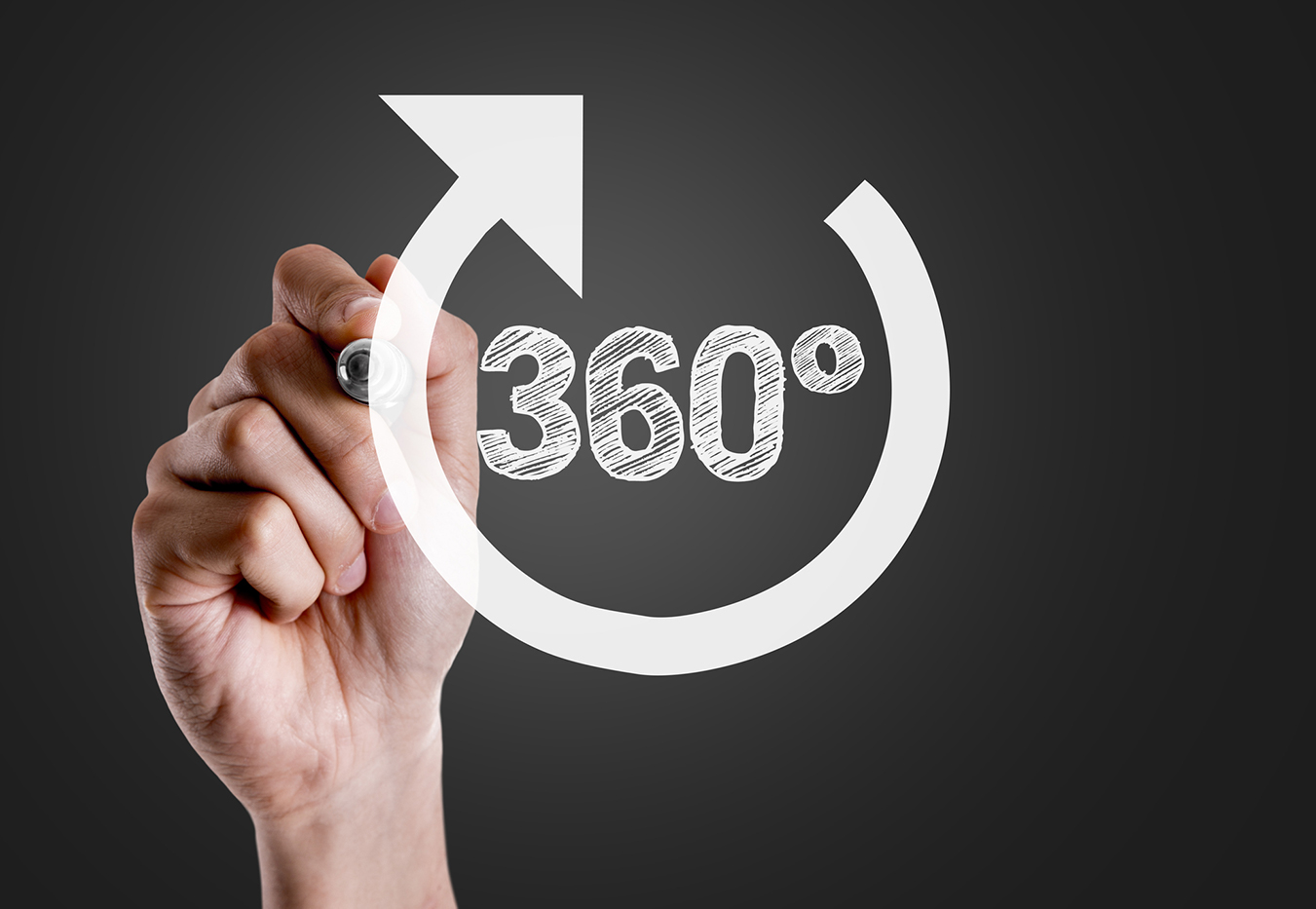Une main dessine une flèche circulaire avec les mots 360 degrés à l’intérieur.