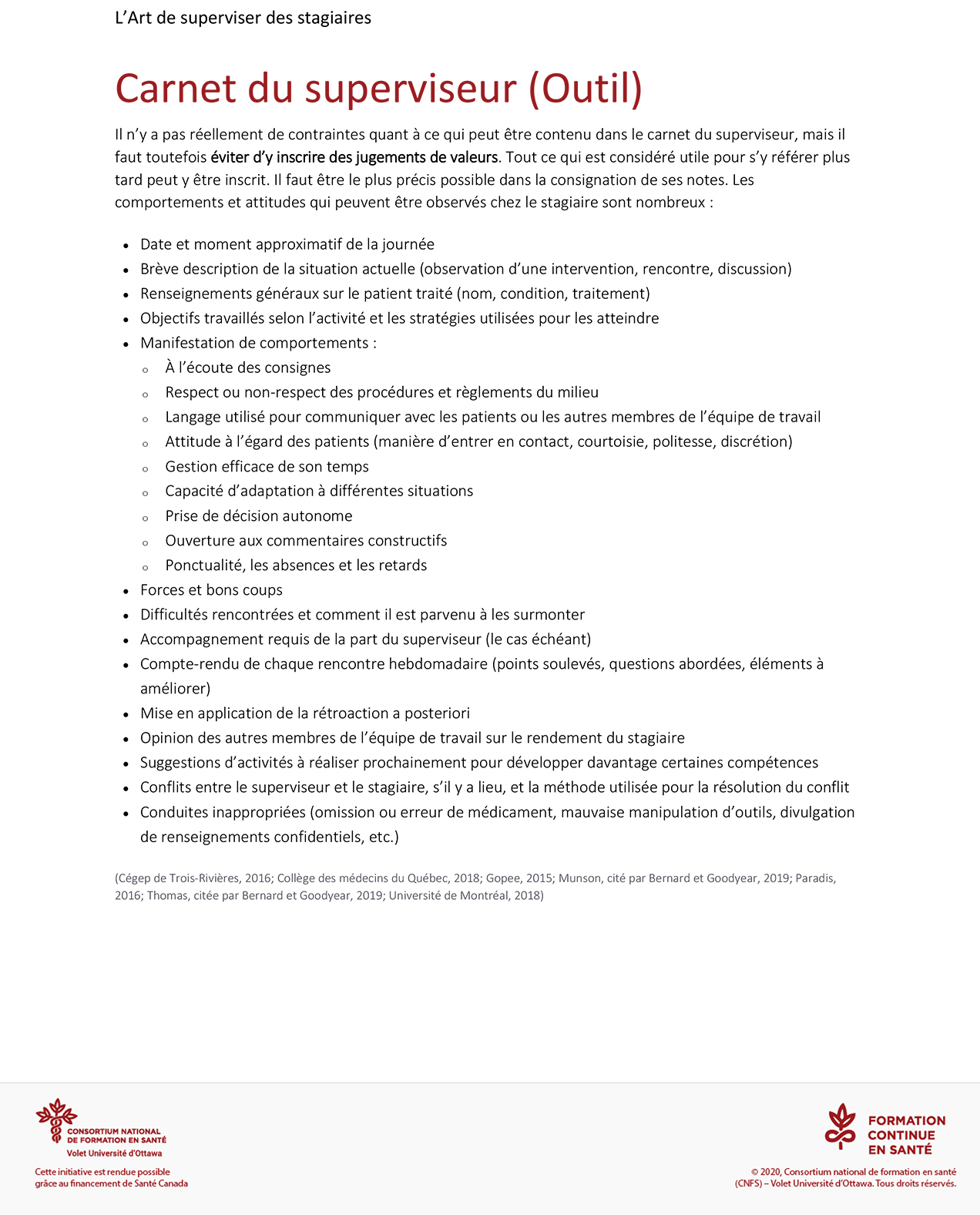 Outil : Carnet du superviseur