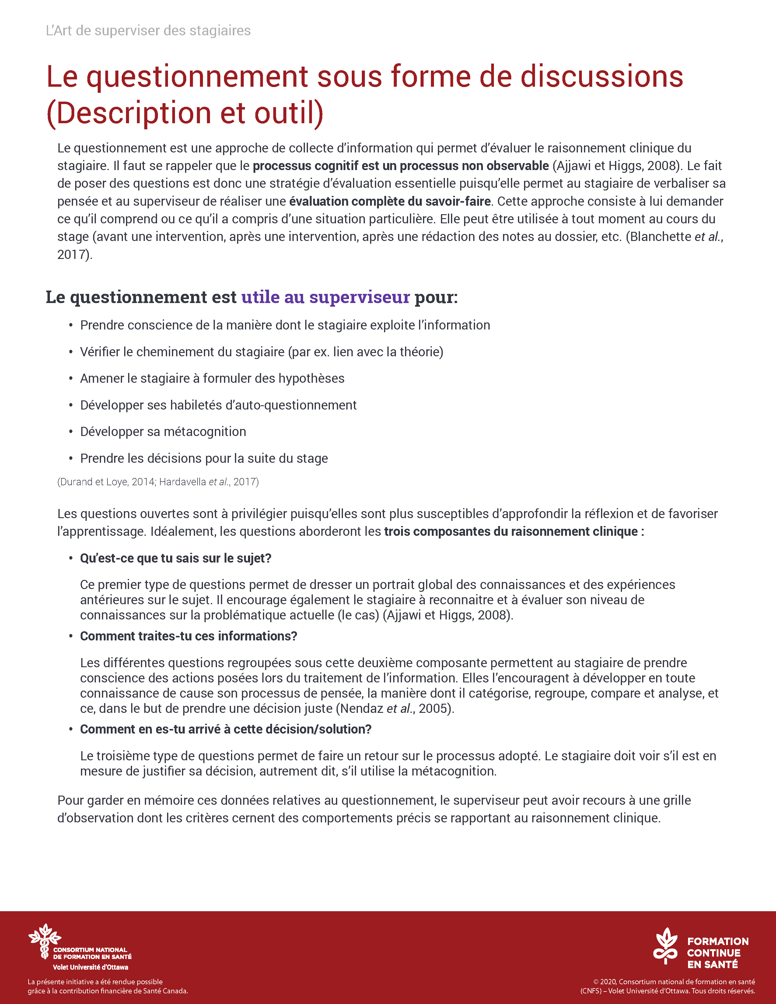 Outil : Le questionnement sous forme de discussions