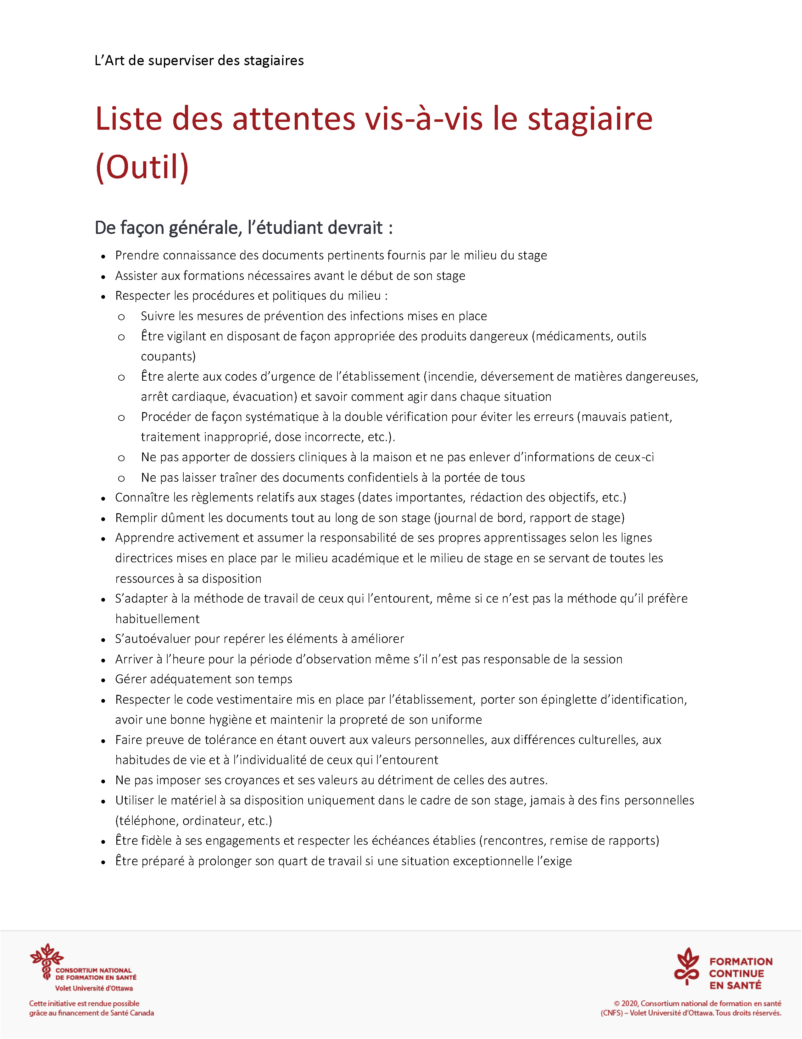 Liste des attentes vis a vis le stagiaire Outil