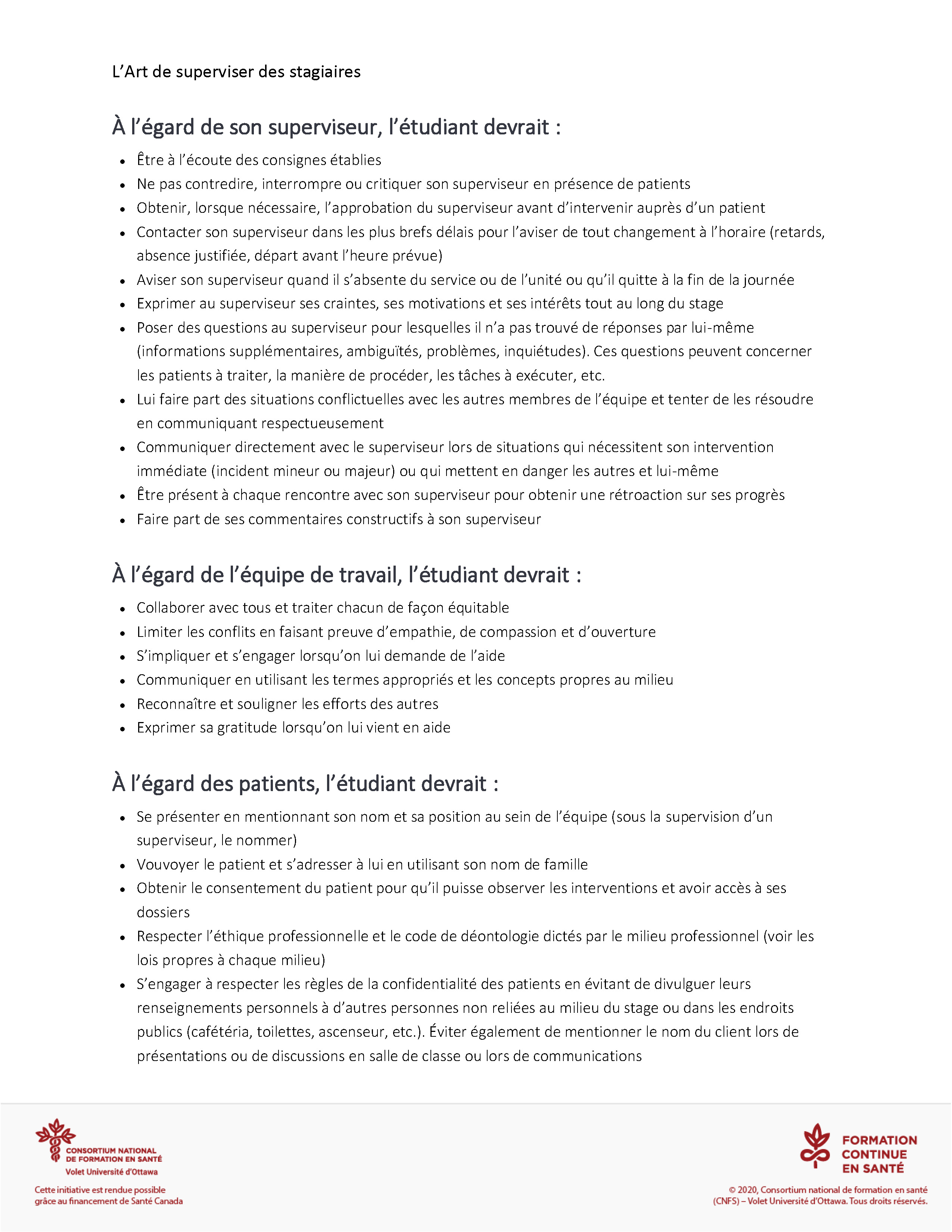 Liste des attentes vis a vis le stagiaire Outil