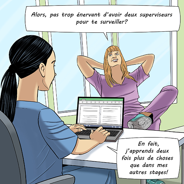 Bande dessinée d’une étudiante mettant en doute le climat d’une stage qui se passe avec deux superviseurs