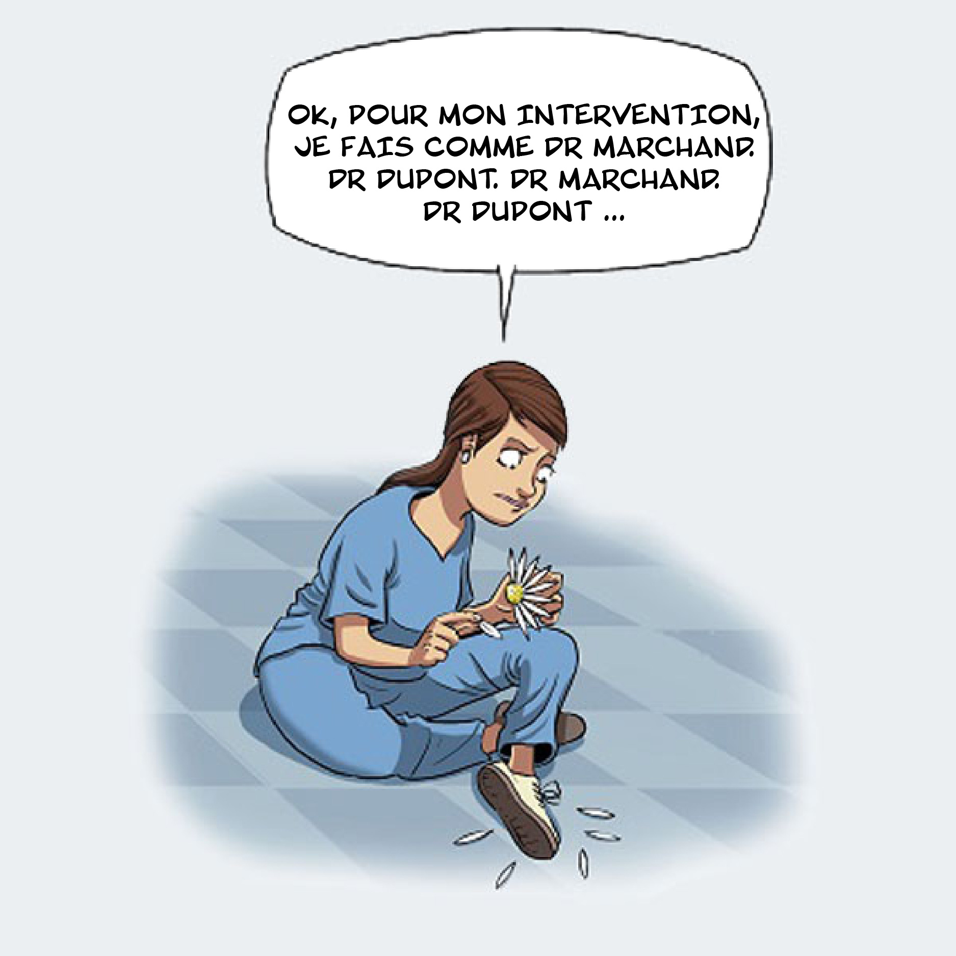 Bande dessinée représentant une étudiante ne sachant pas à quels superviseurs se fier pour intervenir auprès de son patient