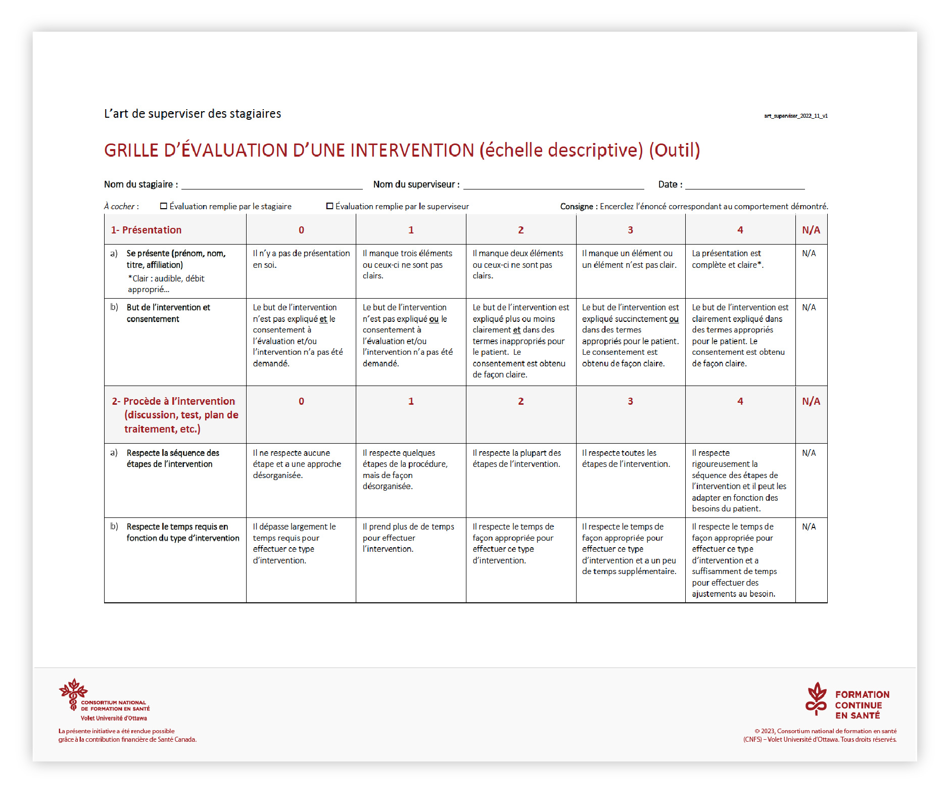 Une capture d’écran de l’outil Grille d’évaluation d’une intervention