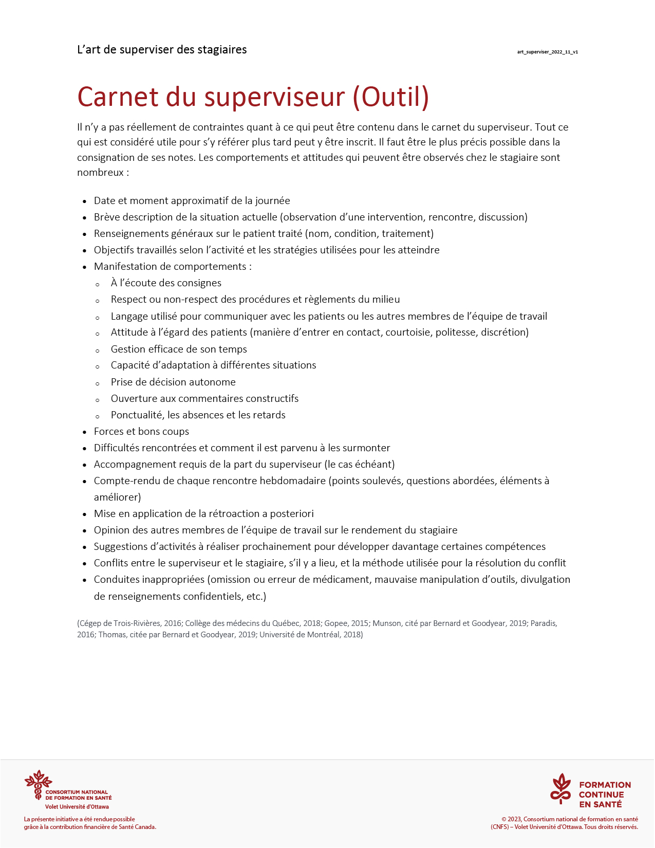 Carnet du superviseur Outils