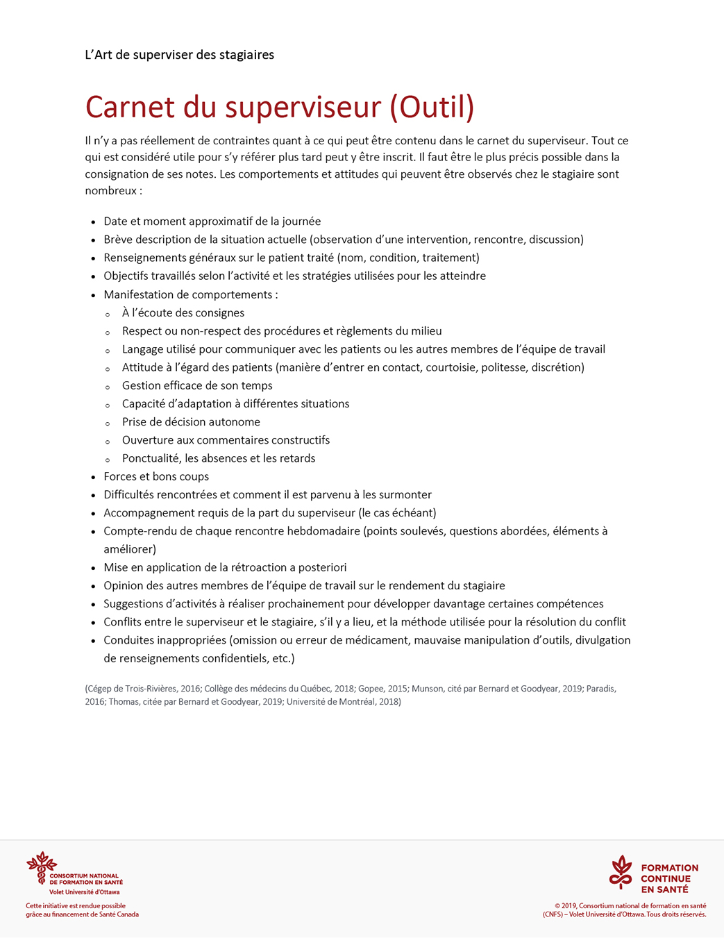 Carnet du superviseur Outils