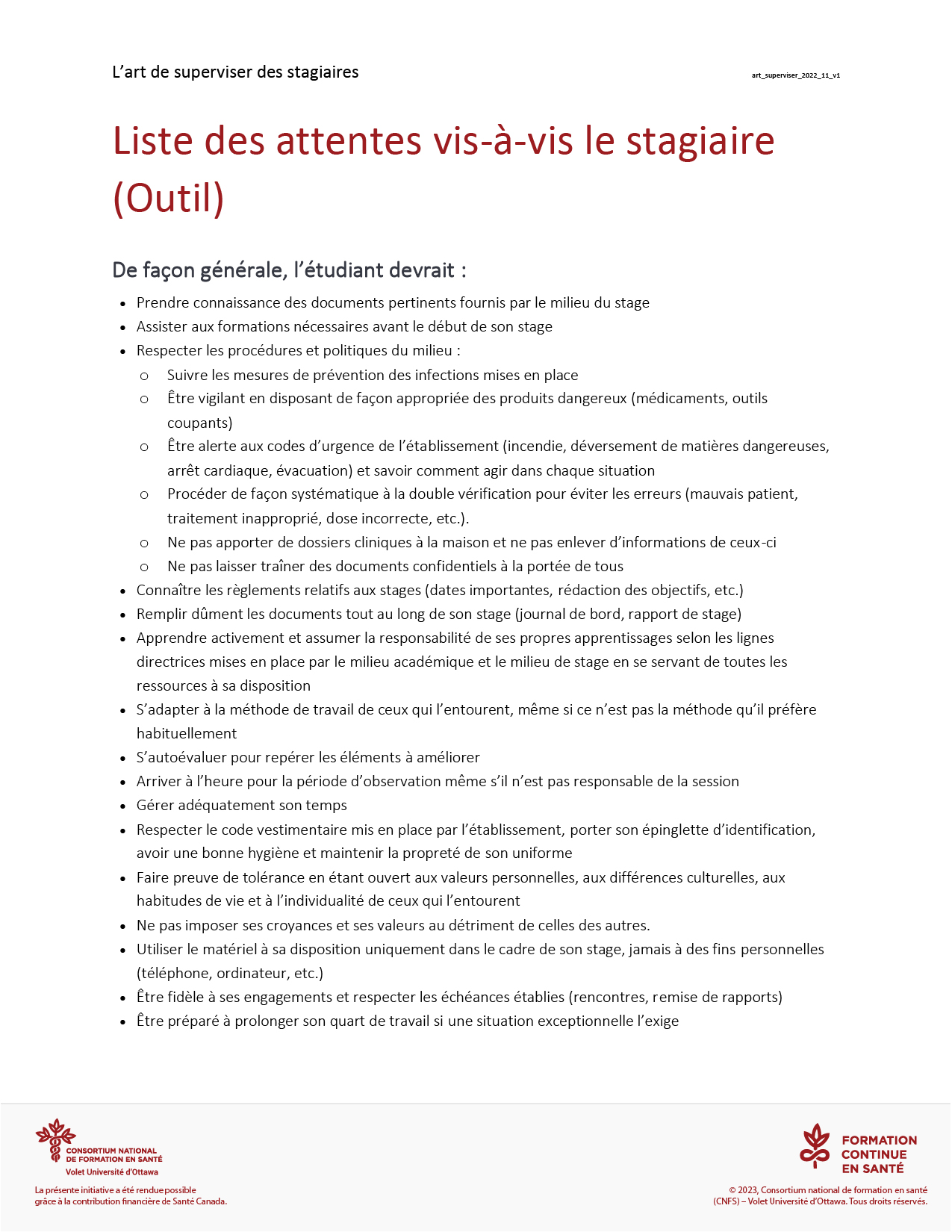 Outil : Liste des attentes vis-à-vis le stagiaire