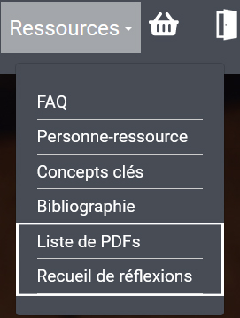 Capture d’écran de l’onglet « Ressources » avec « Liste de PDFS » et « Recueil de réflexions » en évidence