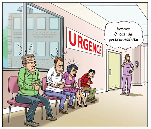 Bande dessinée d’une stagiaire qui regarde la ligne des patients qui attendent à se faire examiner. Les patients semblent tous avoir une fièvre et se tient le ventre. La stagiaire pense : « Encore 4 cas de gastroentérite. »