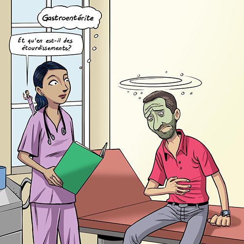 Bande dessinée d’une stagiaire qui crois que son patient souffre de gastroentérite, mais ignore le fait que celui-ci a également un symptôme atypique : des étourdissements.