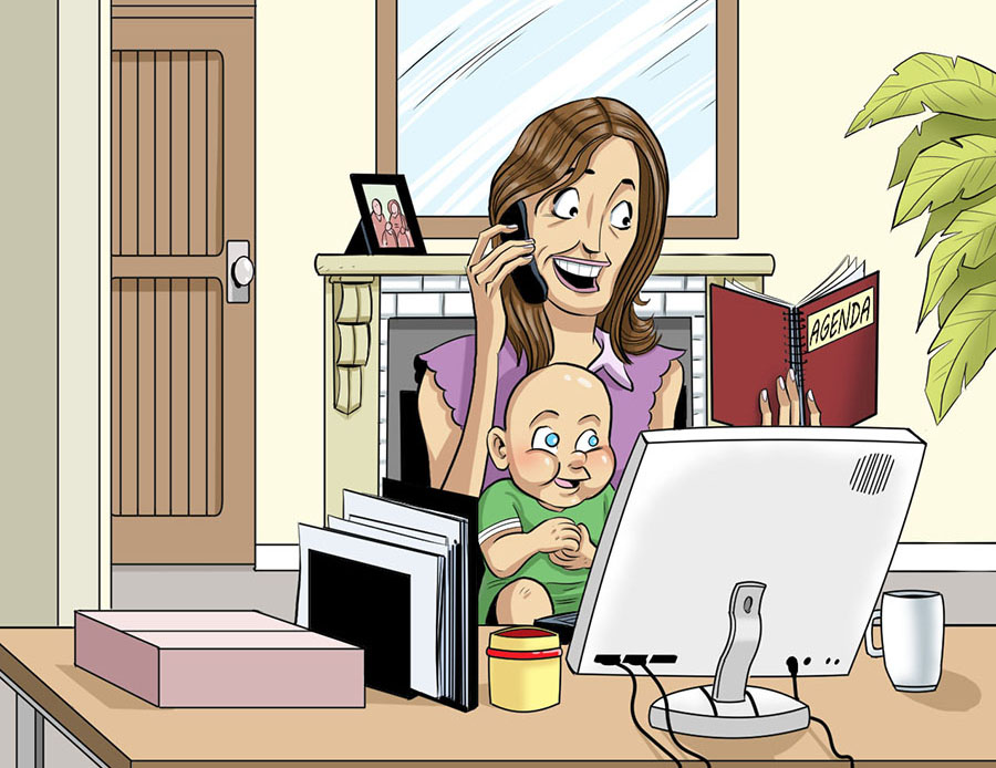Une jeune femme souriante lit un livre, parle au téléphone et travaille à l’ordinateur tout en ayant son enfant sur ses cuisses