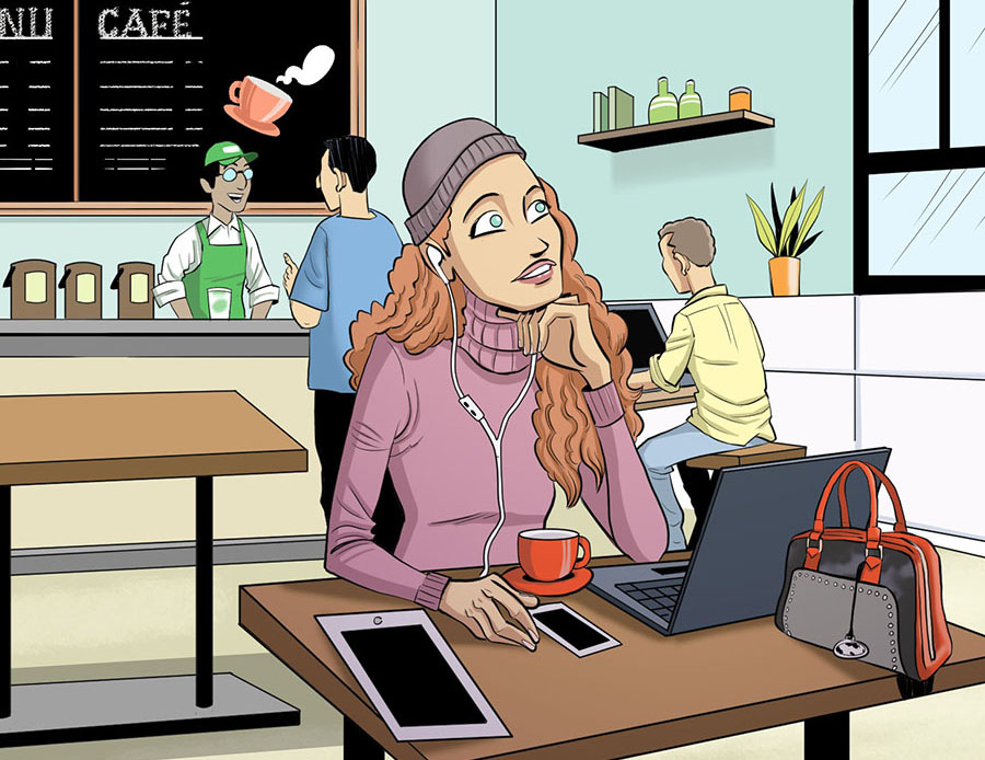 Une jeune fille est en réflexion dans un café. Elle porte des écouteurs et a devant elle son cellulaire, son ordinateur portatif et sa tablette