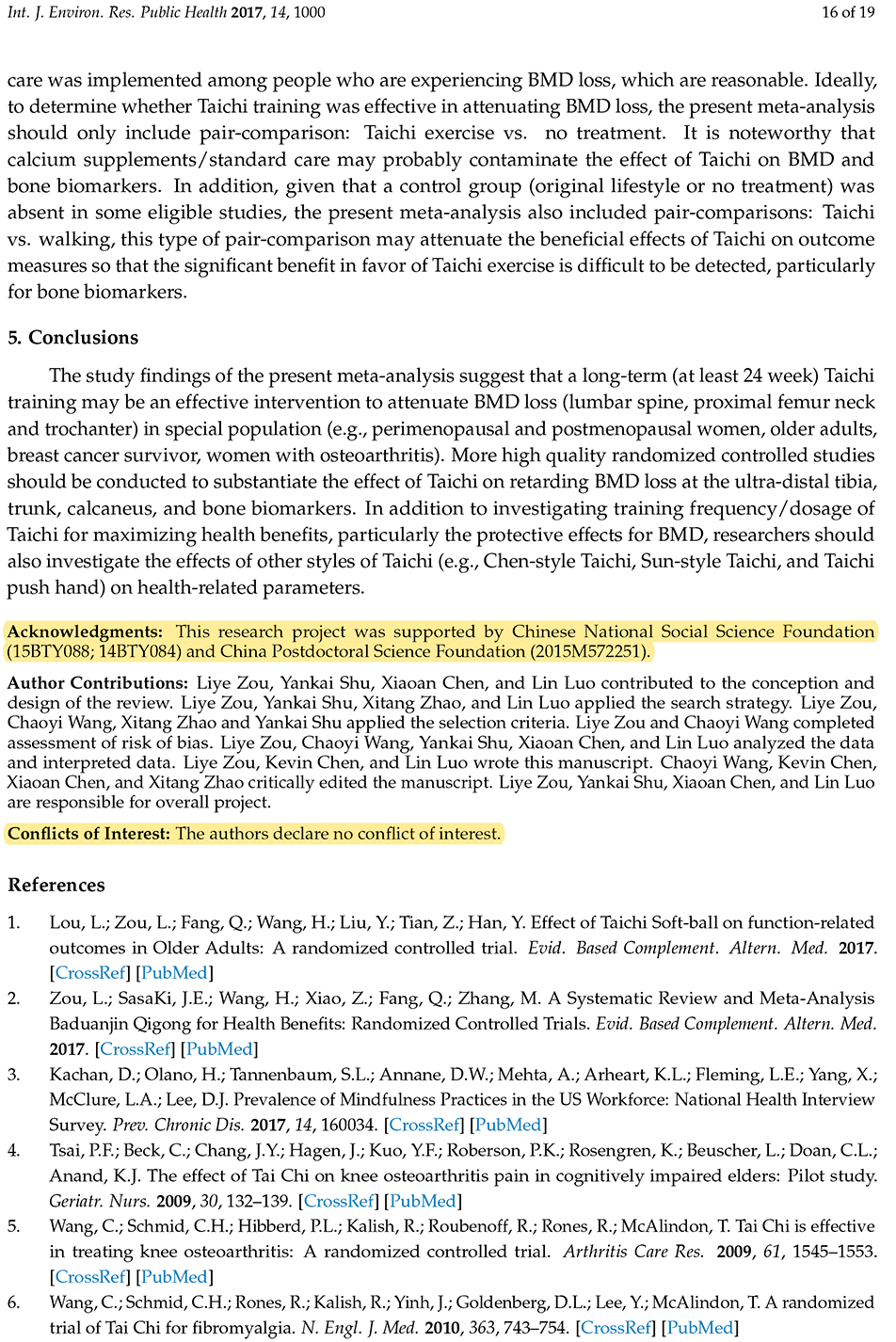 Une capture d'écran de la page 16 où les auteurs déclarent n'avoir aucun conflits d'intérêts et leur source de financement surlignés sous 'Acknowledgments'.