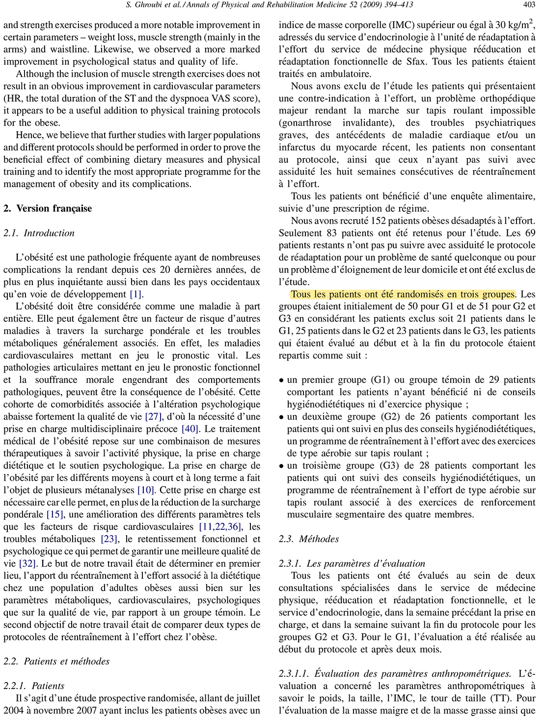 Une capture d'écran de la réponse qui se trouve à la page 403 : 'Tous les patients ont été randomisés en trois groupes.'