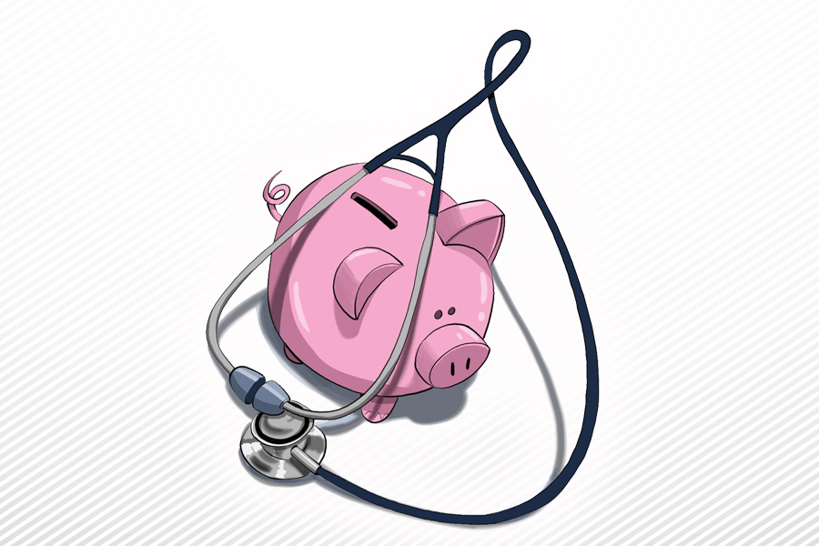 Une tirelire sous forme d'un petit cochon rose et un stéthoscope pour représenter une économie de l'argent dans le système de santé