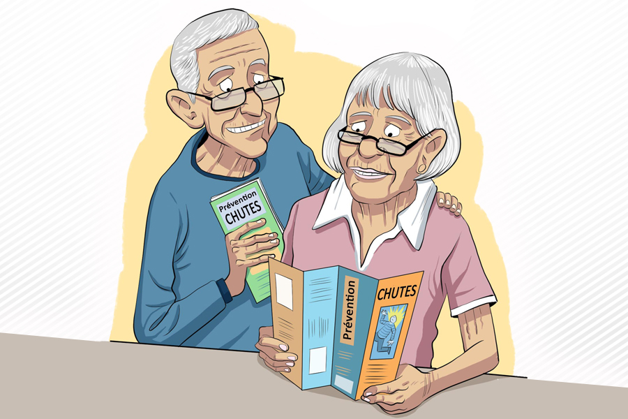 Un couple âgé lit une brochure sur la prévention des chutes