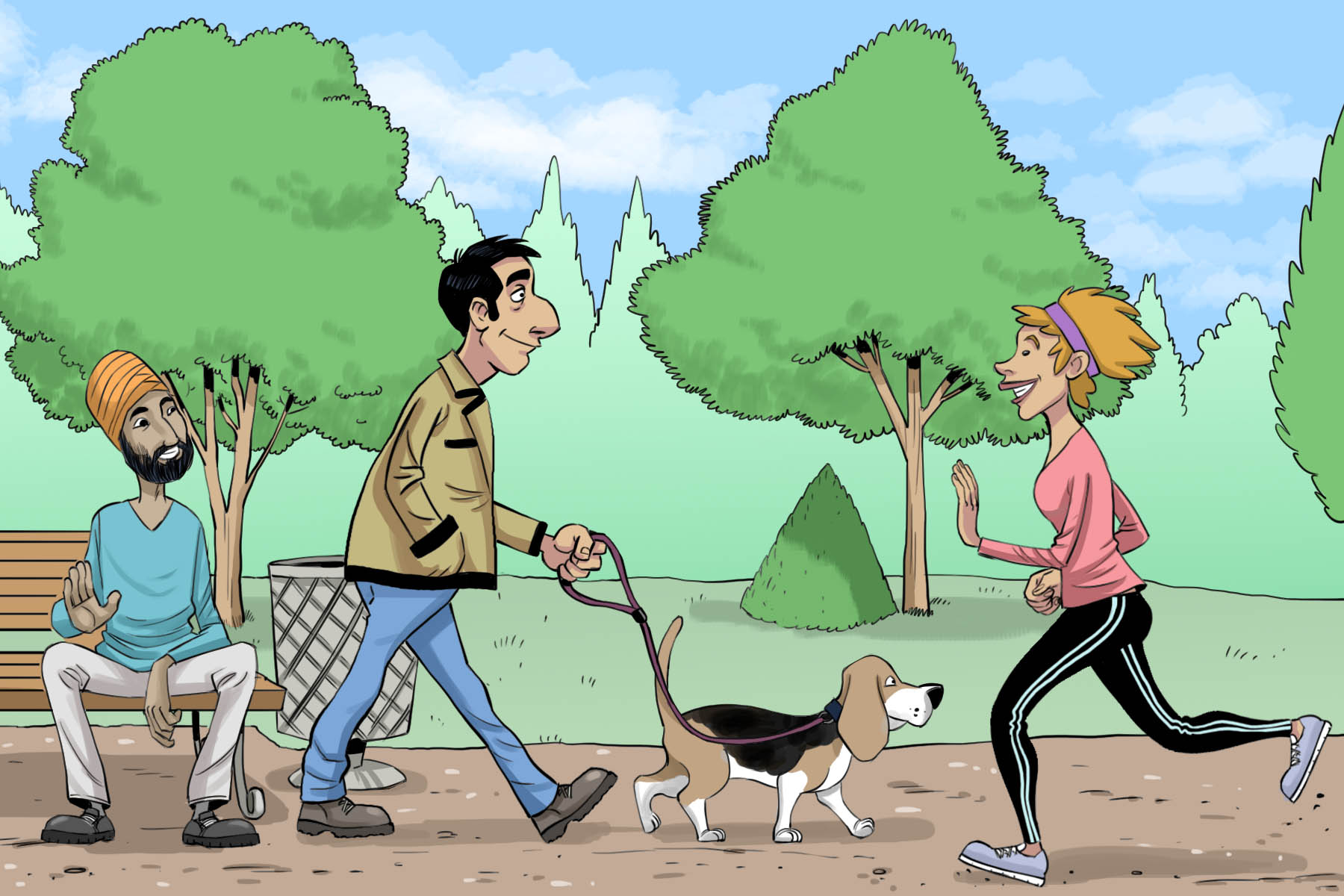 Un homme se promène avec son chien docile et il passe par une femme qui le salue et un autre monsieur assis sur un banc dans un parc