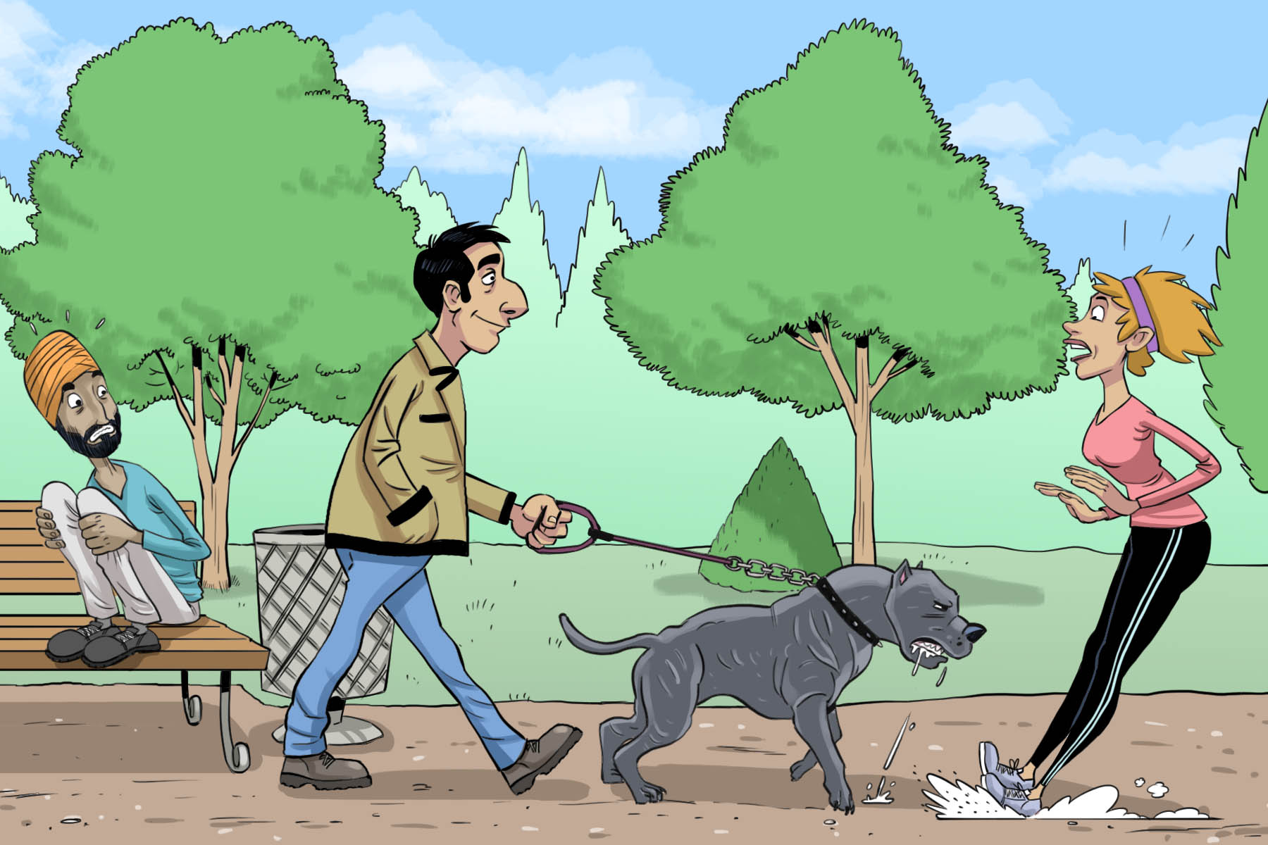 Un homme se promène avec un chien féroce dans un parc.  Il passe par un monsieur assis sur un banc et une femme.  Les deux ont peur du chien et la femme s’arrête de courir.]