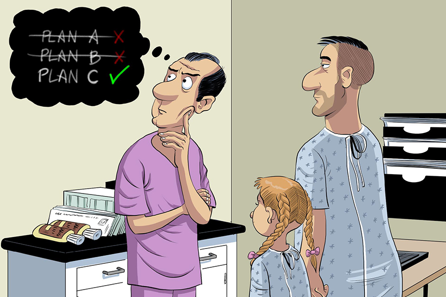 Un patient et sa fille sont devant un clinicien qui pense à ses options : Plan A, B ou C et il chosit plan C