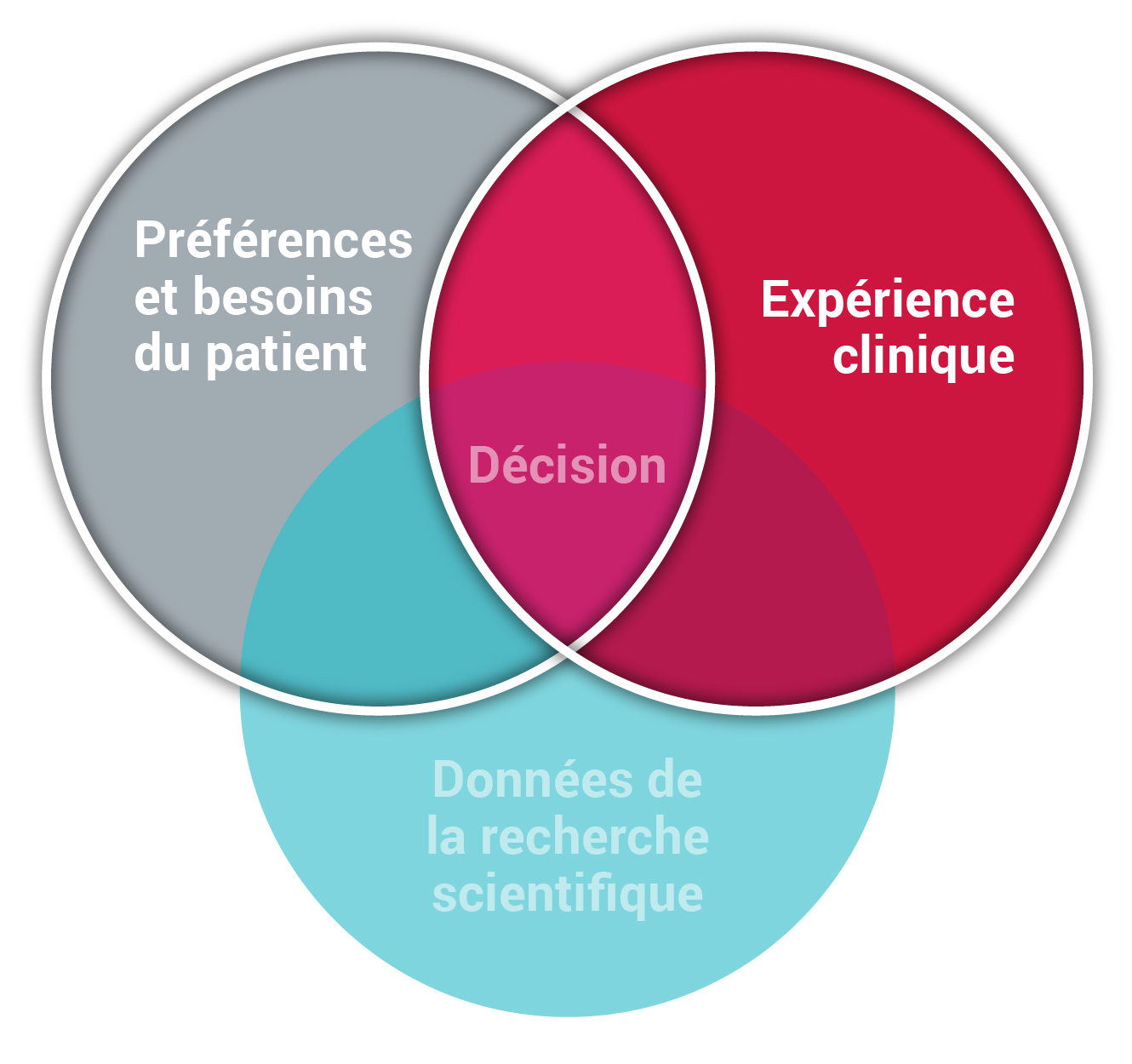 Un diagramme de Venn avec 3 bulles : « Préférences et besoins du patient », « Expérience clinique », et « Données de la recherche scientifique ». « Décision » est dans la bulle au milieu à l'endroit où elles se croisent