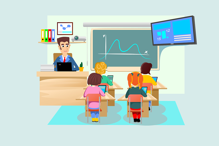 Une salle de classe avec les enfants assis dans leurs pupitres et le professeur à son bureau