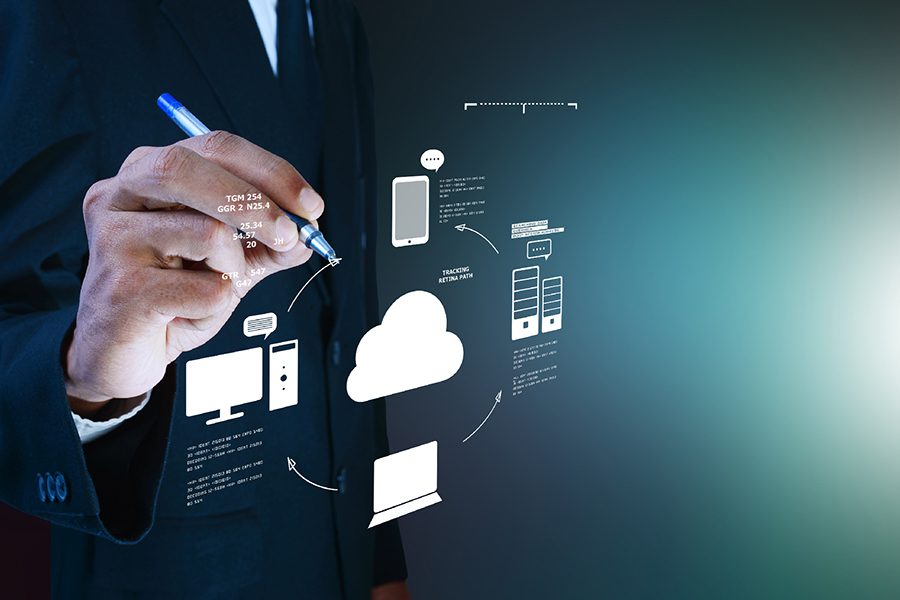 Un homme utilise un dessin avec un nuage et différentes technologies (téléphone, ordinateur) pour indiquer où il a archivé ses questions