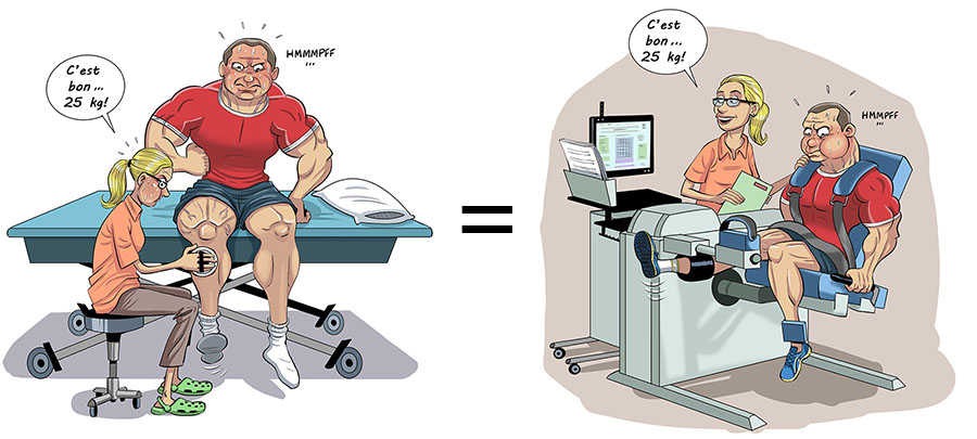 Utilisant un dynamomètre, une clinicienne mesure une force de 25 kg dans le quadriceps d’un homme