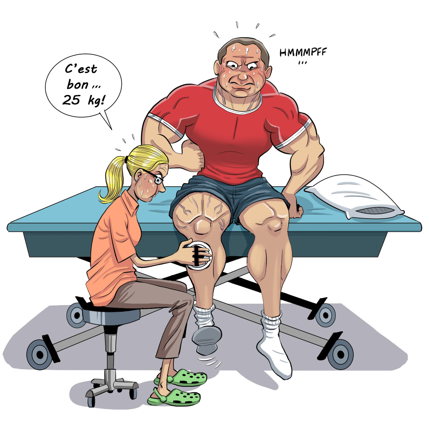 Utilisant un dynamomètre, une clinicienne mesure une force de 25 kg dans le quadriceps d’un homme