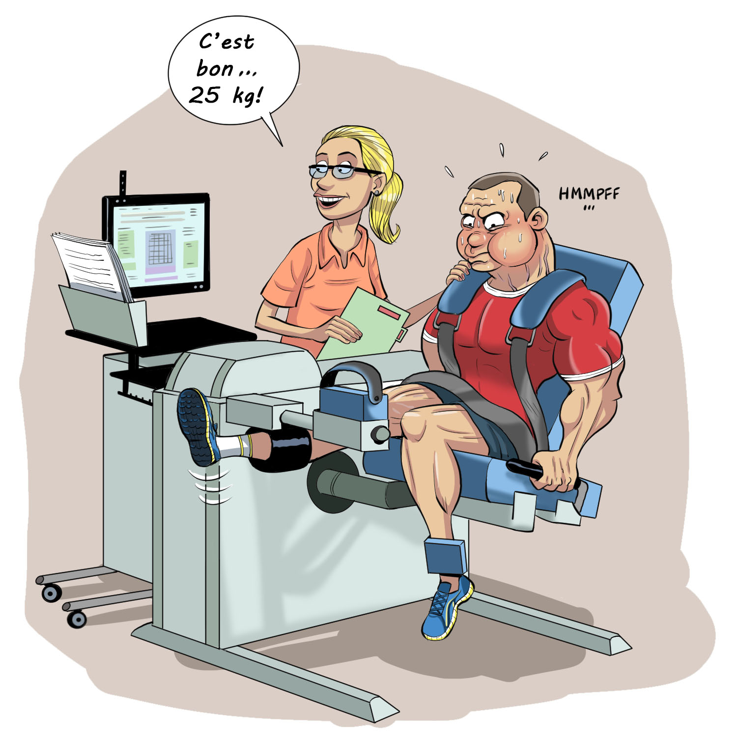 L'homme utilise un appareil isocinétique avec l’aide d’une clinicienne et elle obtient la même mesure de 25 kg