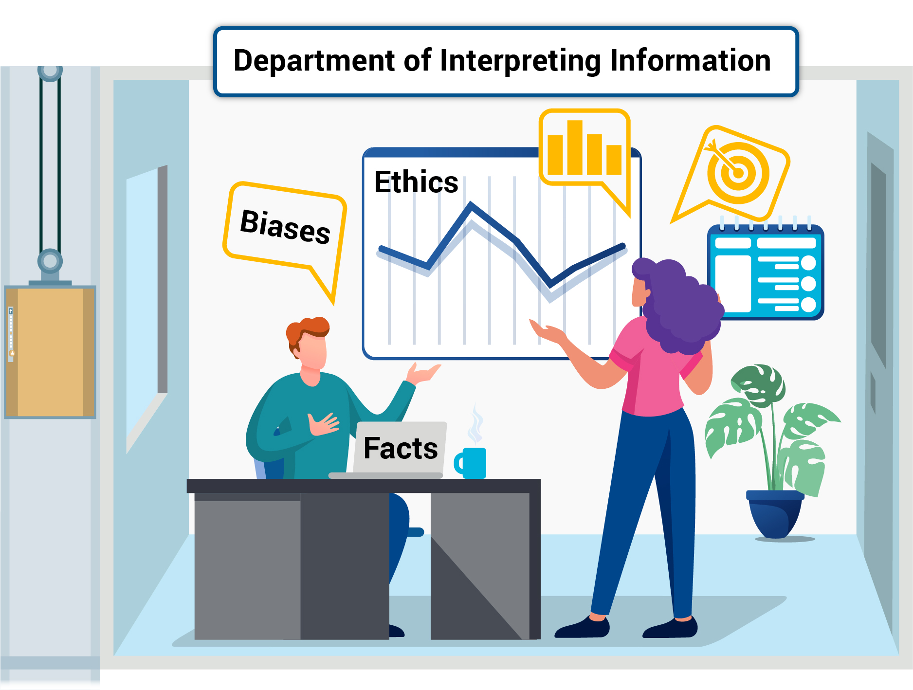 A woman, standing in front of a board displaying a graphic, is speaking to a man sitting at his desk