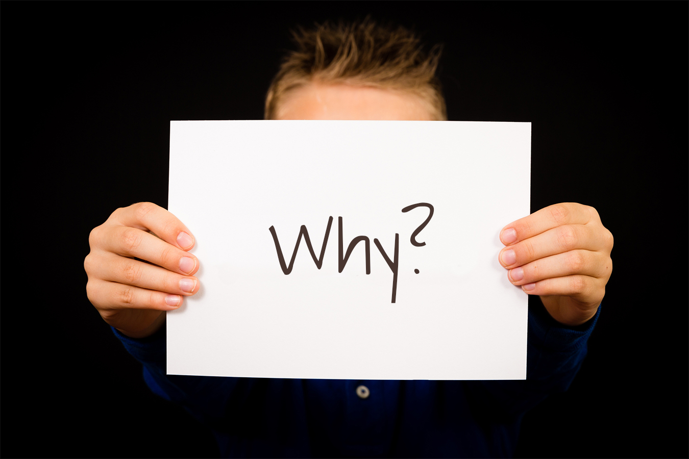 Hands holding a sheet displaying “WHAT” and “FOR” followed by a question mark. 